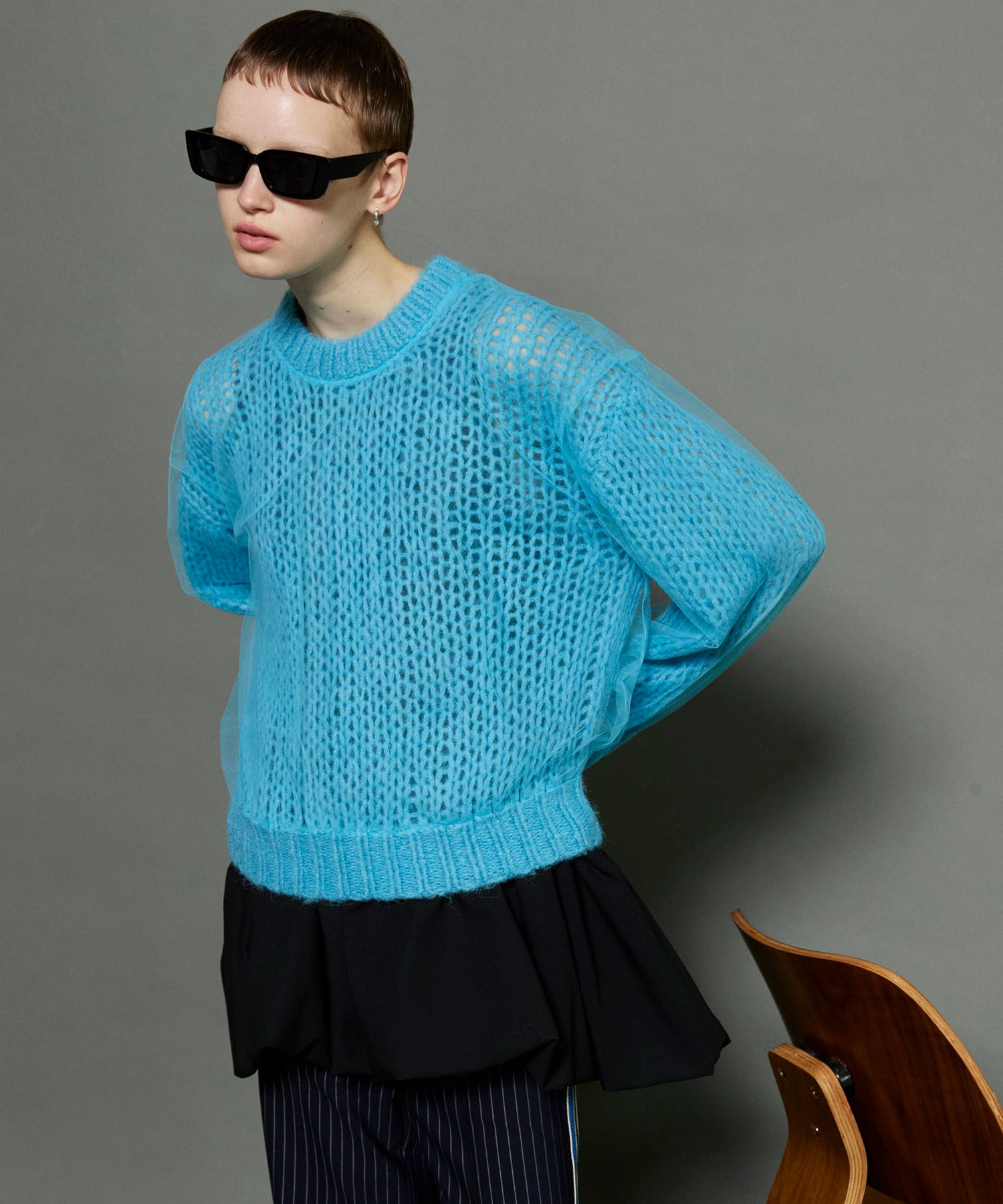 Tulle Layered Low Gauge Reversible Knit Pullover