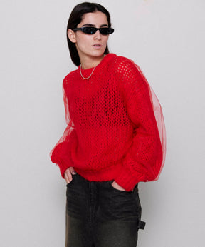 Tulle Layered Low Gauge Reversible Knit Pullover