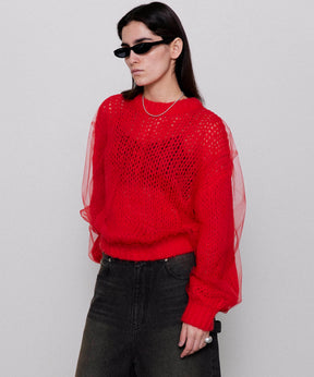 Tulle Layered Low Gauge Reversible Knit Pullover